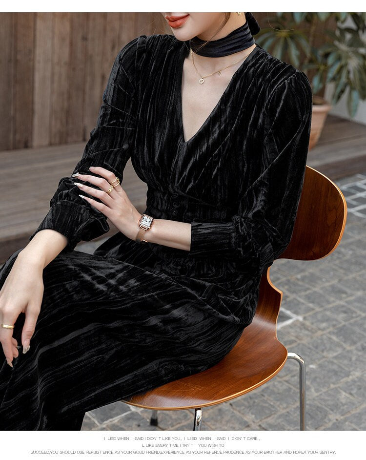 Velvet Black Jumpsuit, Designer Woman Minimalist Korean Style V Neck Playsuit Rompers Smart Casual Formal Event Party Gift for her