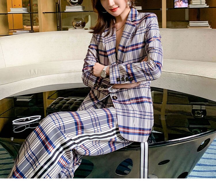 Checkered Pansuit, Designer Woman Suit Jacket + Pants Classic Modern Style Smart Casual Formal Event Party Gift for her