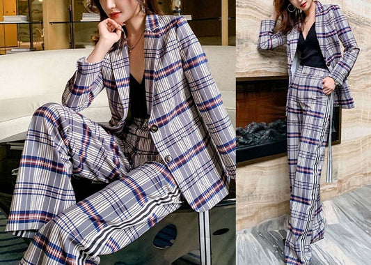 Checkered Pansuit, Designer Woman Suit Jacket + Pants Classic Modern Style Smart Casual Formal Event Party Gift for her