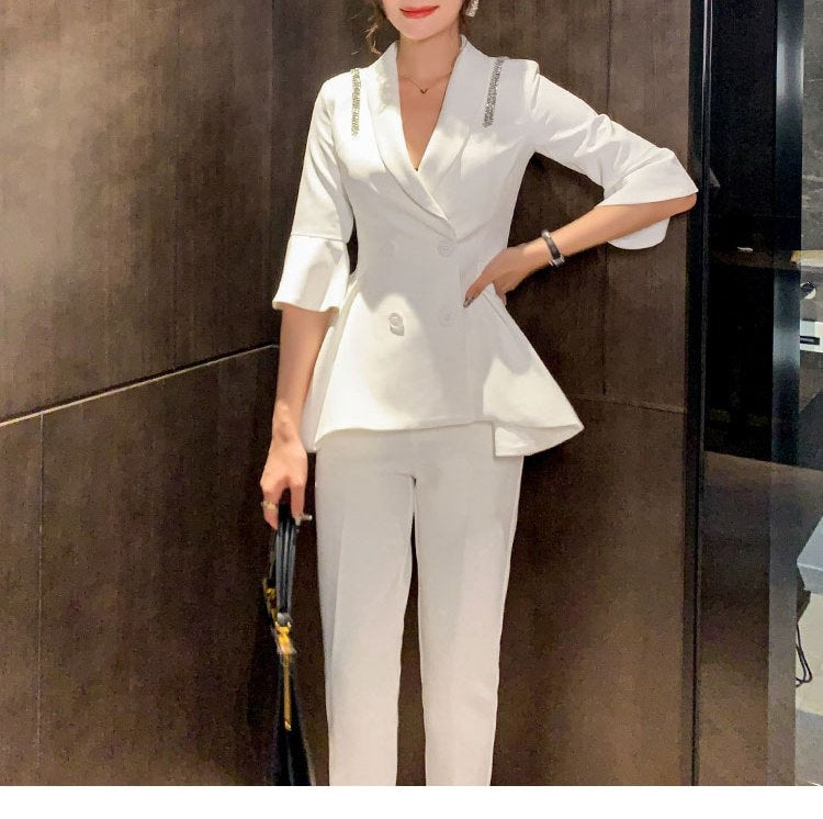 Ruffle Sleeves White Pantsuit, Designer Woman Suit Jacket + Pants Suit Jacket + Pants Minimalist Style Formal Smart Casual Event Party Gift