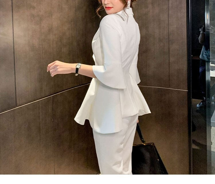 Ruffle Sleeves White Pantsuit, Designer Woman Suit Jacket + Pants Suit Jacket + Pants Minimalist Style Formal Smart Casual Event Party Gift