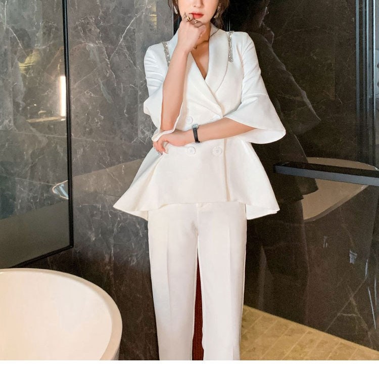 Ruffle Sleeves White Pantsuit, Designer Woman Suit Jacket + Pants Suit Jacket + Pants Minimalist Style Formal Smart Casual Event Party Gift