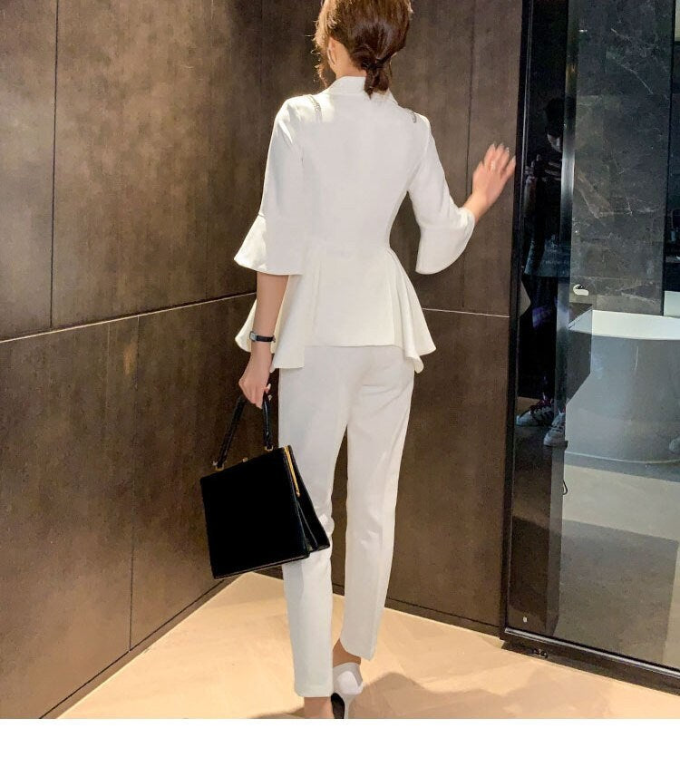 Ruffle Sleeves White Pantsuit, Designer Woman Suit Jacket + Pants Suit Jacket + Pants Minimalist Style Formal Smart Casual Event Party Gift