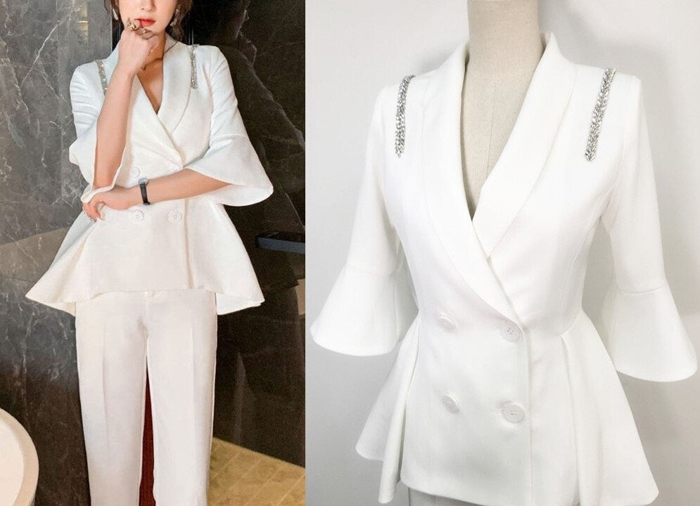 Ruffle Sleeves White Pantsuit, Designer Woman Suit Jacket + Pants Suit Jacket + Pants Minimalist Style Formal Smart Casual Event Party Gift