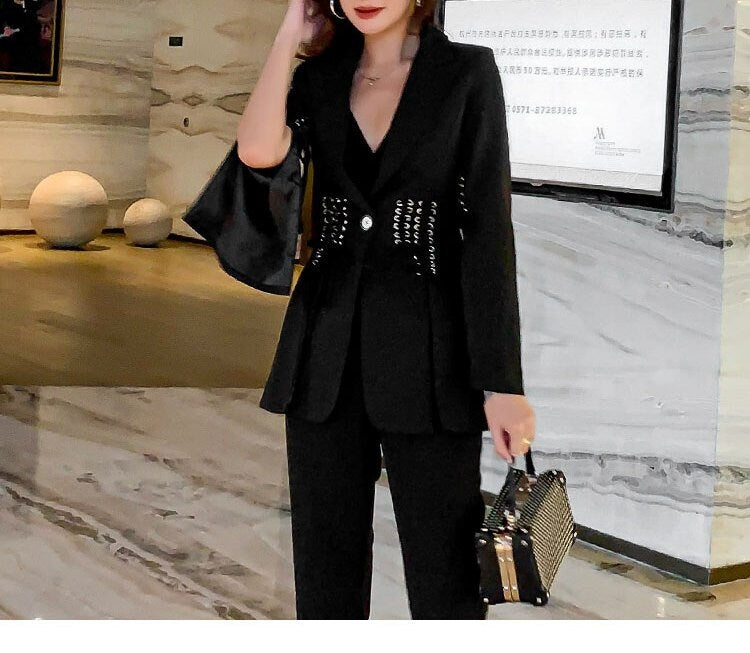 Black Slim Cut Pantsuit, Designer Woman Suit Jacket + Pants Shiny Minimalist Style Smart Casual Formal Event Party Gift