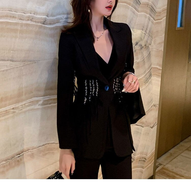 Black Slim Cut Pantsuit, Designer Woman Suit Jacket + Pants Shiny Minimalist Style Smart Casual Formal Event Party Gift