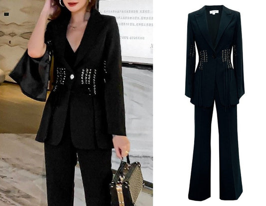 Black Slim Cut Pantsuit, Designer Woman Suit Jacket + Pants Shiny Minimalist Style Smart Casual Formal Event Party Gift