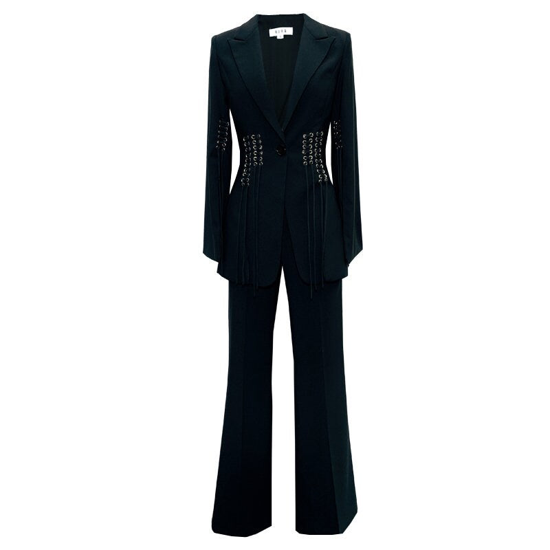 Black Slim Cut Pantsuit, Designer Woman Suit Jacket + Pants Shiny Minimalist Style Smart Casual Formal Event Party Gift