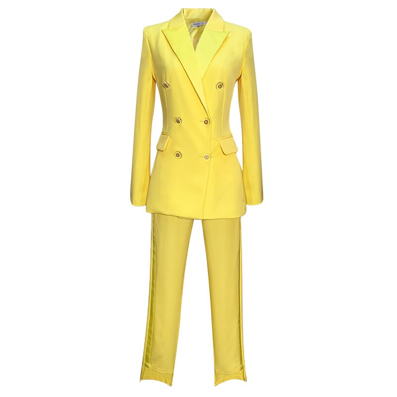 Yellow Woman Pantsuit, Designer Woman Minimalist Style Slim Cut Smart Casual Formal Event Party Gift