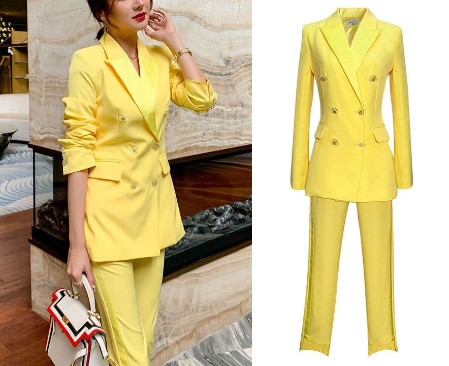 Yellow Woman Pantsuit, Designer Woman Minimalist Style Slim Cut Smart Casual Formal Event Party Gift