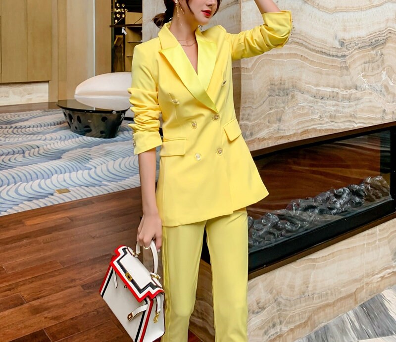 Yellow Woman Pantsuit, Designer Woman Minimalist Style Slim Cut Smart Casual Formal Event Party Gift