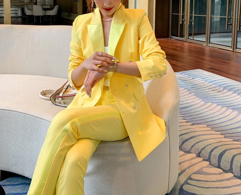 Yellow Woman Pantsuit, Designer Woman Minimalist Style Slim Cut Smart Casual Formal Event Party Gift