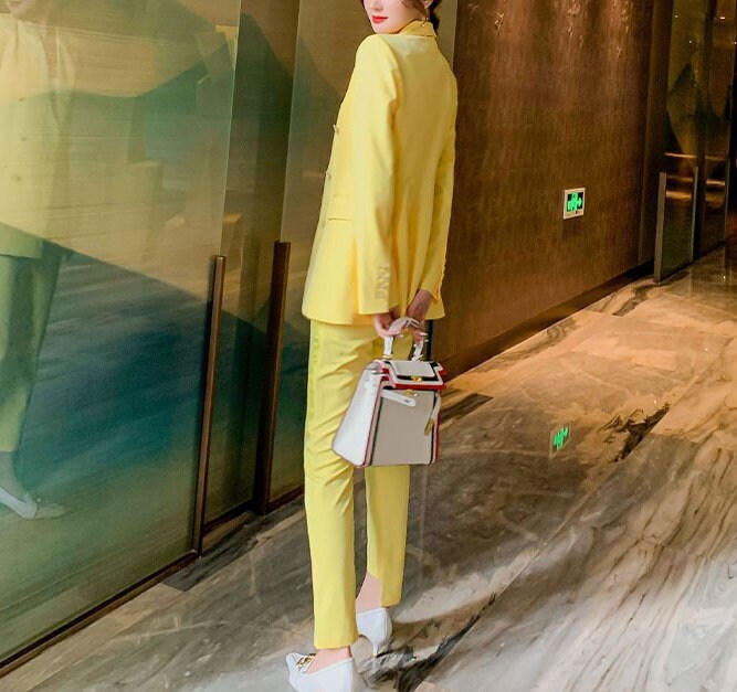 Yellow Woman Pantsuit, Designer Woman Minimalist Style Slim Cut Smart Casual Formal Event Party Gift