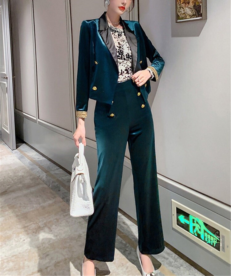 Green Velvet Double Breasted Pantsuit, Designer Woman Suit Jacket/ Blazer + Pants Classic Elegant Smart Casual Formal Event Party Gift