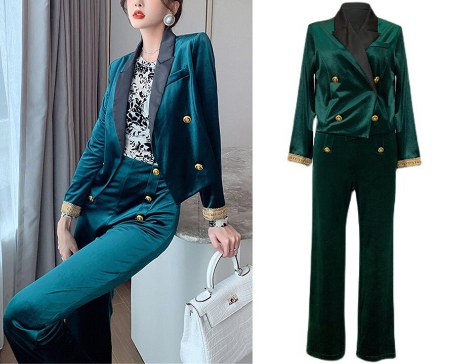 Green Velvet Double Breasted Pantsuit, Designer Woman Suit Jacket/ Blazer + Pants Classic Elegant Smart Casual Formal Event Party Gift