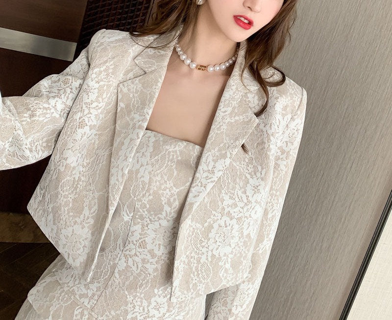 Lace Pattern Dress Suit, Designer Woman Suit Jacket/Blazer + Dress set Classic Elegant Smart Casual Formal Event Party Gift for her