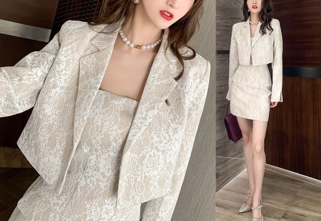 Lace Pattern Dress Suit, Designer Woman Suit Jacket/Blazer + Dress set Classic Elegant Smart Casual Formal Event Party Gift for her