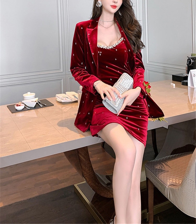 Elegant Red Velvet Dress Suit, Designer Woman Cami Dress + Suit Jacket/ Blazer with Beads decorated Formal Smart Casual Event Party Gift