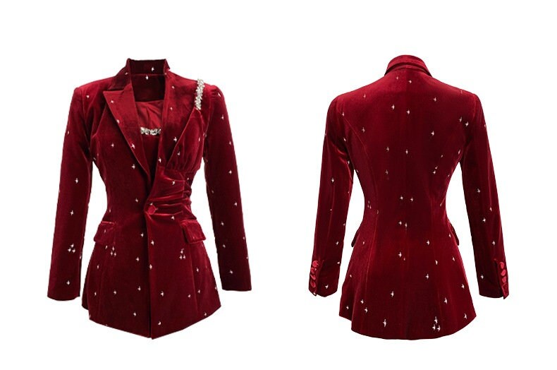 Elegant Red Velvet Dress Suit, Designer Woman Cami Dress + Suit Jacket/ Blazer with Beads decorated Formal Smart Casual Event Party Gift