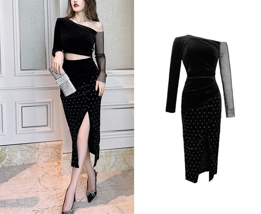 Black One Shoulder Ruched Midi Dress, Designer Woman Spilt Skirt Lace Flashy Dress Smart Casual Formal Event Party Wedding Gift for her