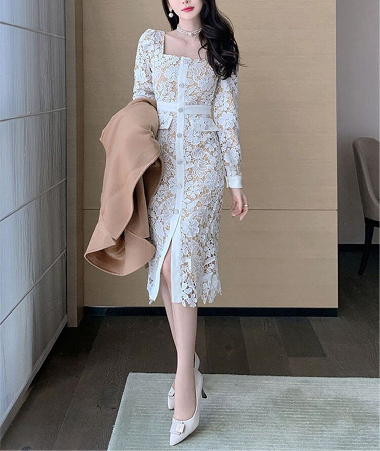 White Lace Pattern One Piece, Designer Woman Blouse Dress Smart Casual Formal Event Party Wedding Gift