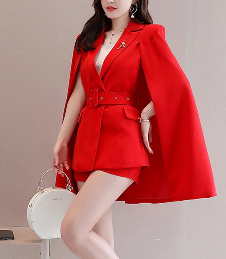 Red/ Black/ White Cape Blazer Pantsuit + Shorts, Designer Woman blazer + short pants Celebrities Formal Event Wedding Party Gift for her