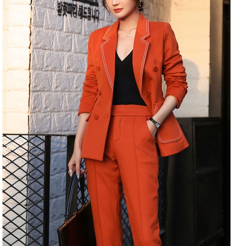 Deluxe Cashmere Orange Pantsuit, Silm Cut Designer Women Suit Jacket + Pants Modern Style for Smart Casual/ Formal/ Event Party/ Gift