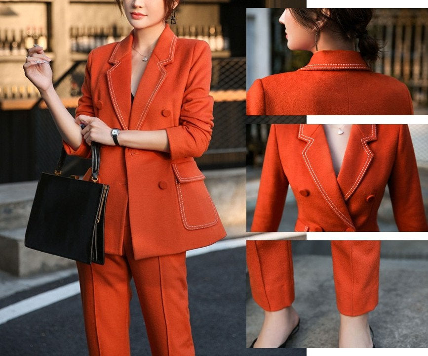 Deluxe Cashmere Orange Pantsuit, Silm Cut Designer Women Suit Jacket + Pants Modern Style for Smart Casual/ Formal/ Event Party/ Gift