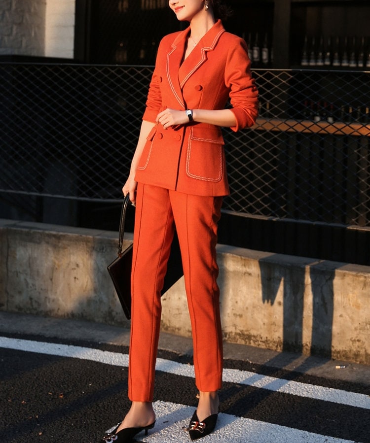 Deluxe Cashmere Orange Pantsuit, Silm Cut Designer Women Suit Jacket + Pants Modern Style for Smart Casual/ Formal/ Event Party/ Gift