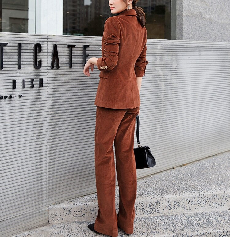 Deluxe Brown Velvet Pantsuit, Designer Woman Suit Jacket + Pants Slim Cut Deluxe for Smart Casual/ Formal/ Party Event/ Gift