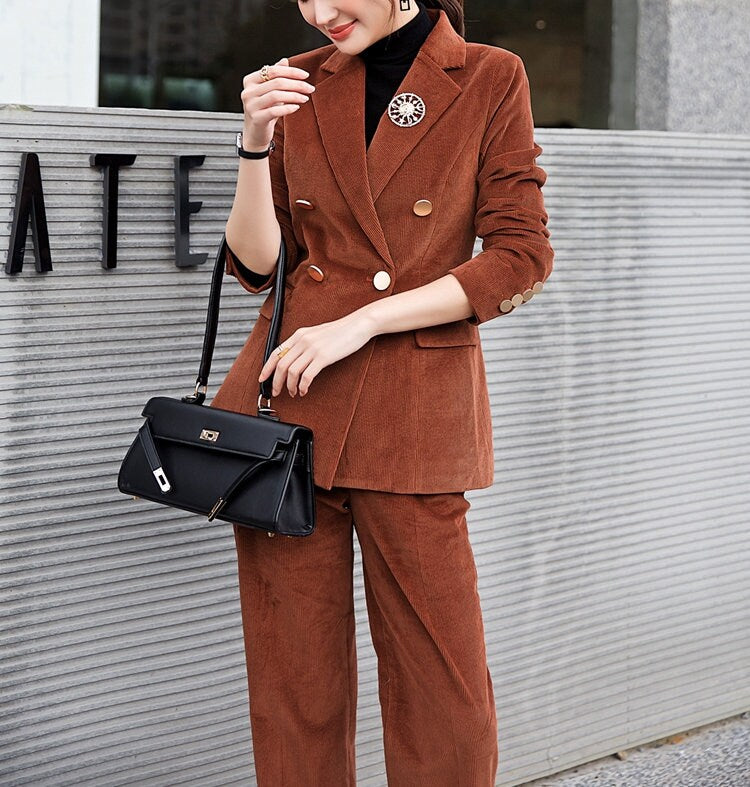 Deluxe Brown Velvet Pantsuit, Designer Woman Suit Jacket + Pants Slim Cut Deluxe for Smart Casual/ Formal/ Party Event/ Gift