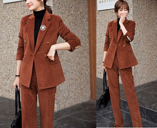 Deluxe Brown Velvet Pantsuit, Designer Woman Suit Jacket + Pants Slim Cut Deluxe for Smart Casual/ Formal/ Party Event/ Gift