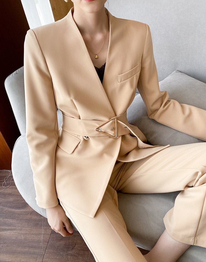 Blanchedalmond Minimalist Woman Pantsuit, Designer Korean Style Montone Suit Jacket + Pants for Smart Casual/ Formal/ Gift for her