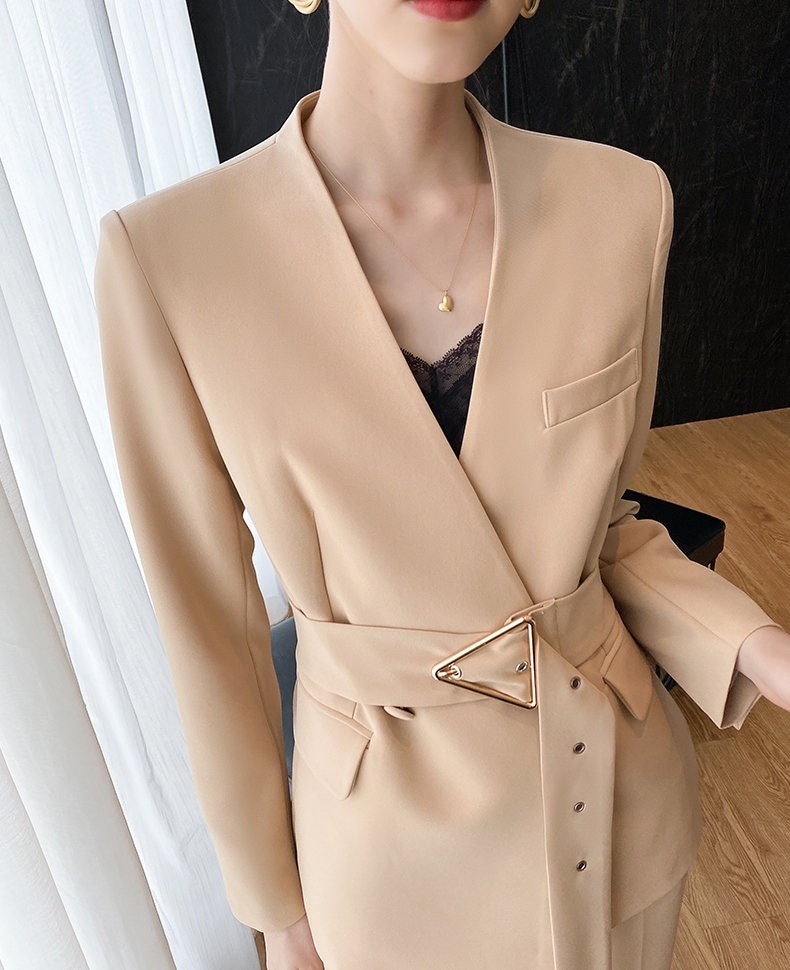 Blanchedalmond Minimalist Woman Pantsuit, Designer Korean Style Montone Suit Jacket + Pants for Smart Casual/ Formal/ Gift for her