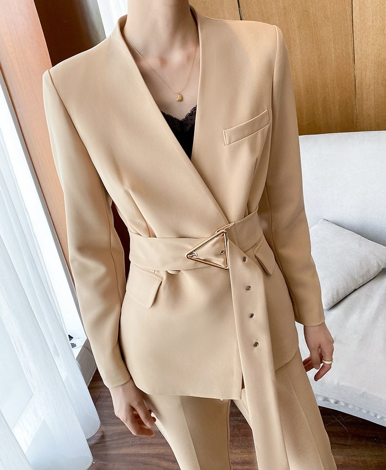 Blanchedalmond Minimalist Woman Pantsuit, Designer Korean Style Montone Suit Jacket + Pants for Smart Casual/ Formal/ Gift for her