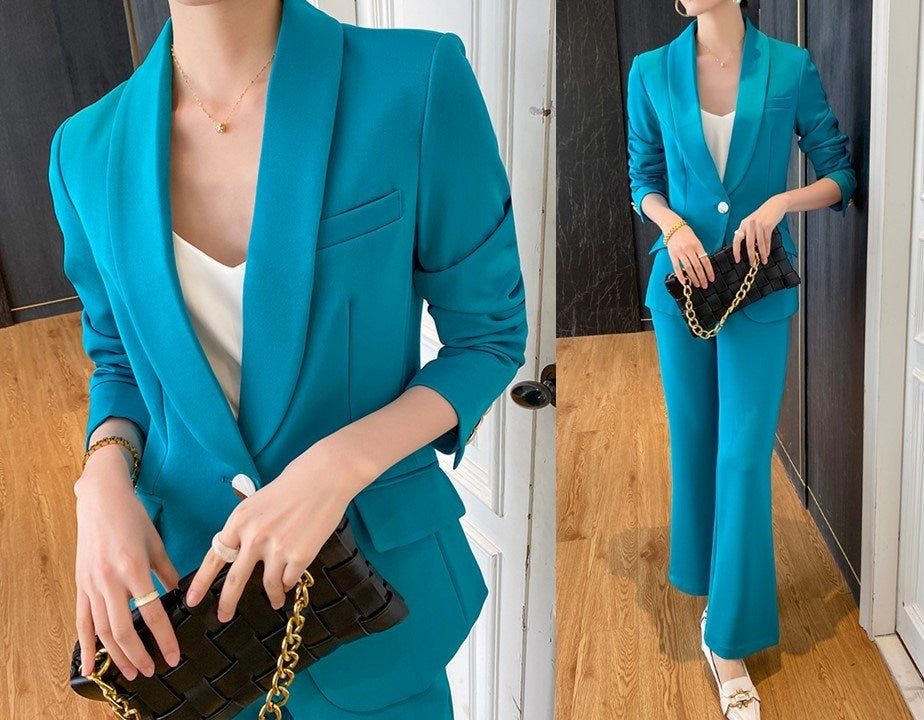 Blue Green Modern Pantsuit, Designer Woman Korean Style Soft Monotone Suit Jacket + Pants for Smart Causl/ Formal/ Gift for Her