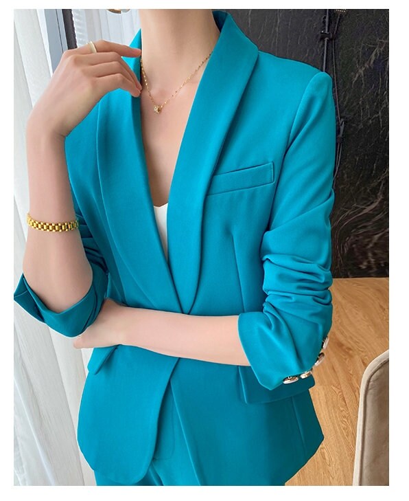 Blue Green Modern Pantsuit, Designer Woman Korean Style Soft Monotone Suit Jacket + Pants for Smart Causl/ Formal/ Gift for Her