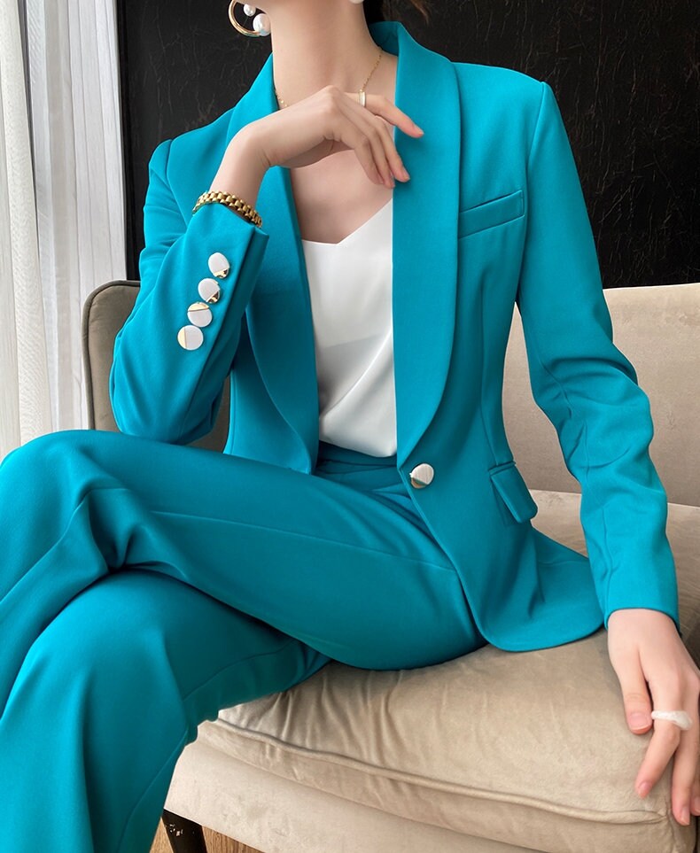 Blue Green Modern Pantsuit, Designer Woman Korean Style Soft Monotone Suit Jacket + Pants for Smart Causl/ Formal/ Gift for Her