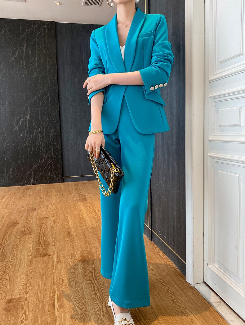 Blue Green Modern Pantsuit, Designer Woman Korean Style Soft Monotone Suit Jacket + Pants for Smart Causl/ Formal/ Gift for Her