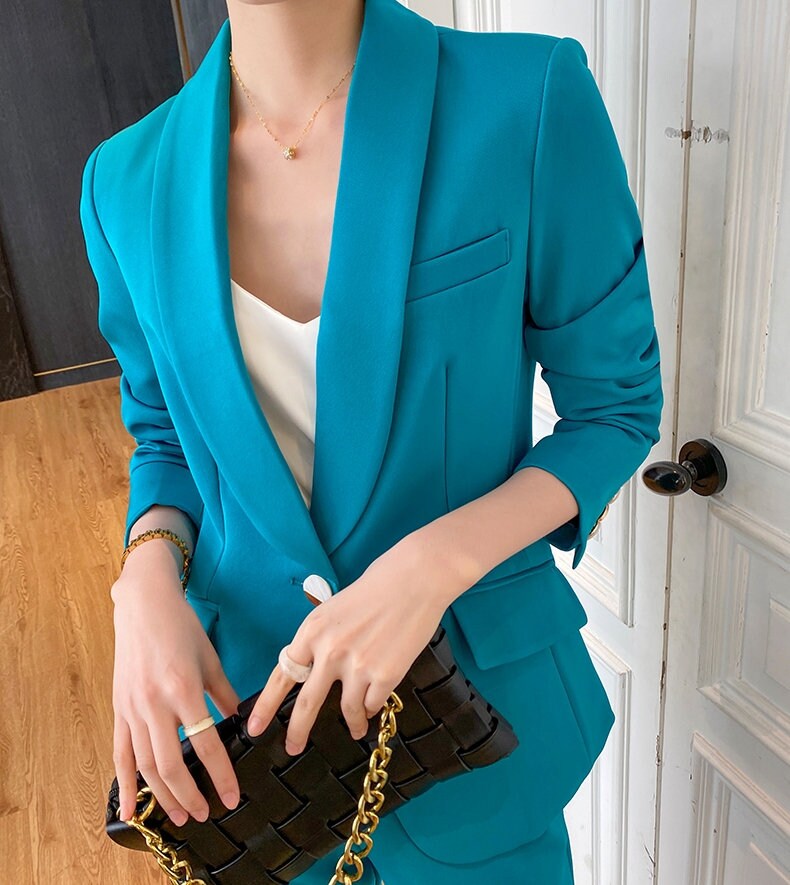 Blue Green Modern Pantsuit, Designer Woman Korean Style Soft Monotone Suit Jacket + Pants for Smart Causl/ Formal/ Gift for Her