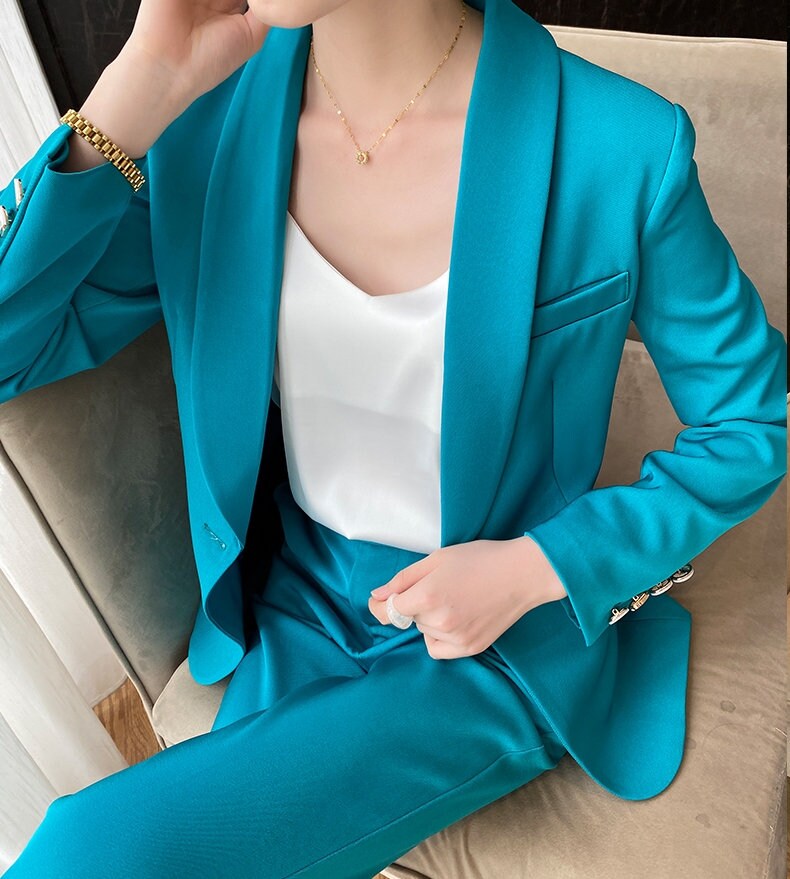 Blue Green Modern Pantsuit, Designer Woman Korean Style Soft Monotone Suit Jacket + Pants for Smart Causl/ Formal/ Gift for Her