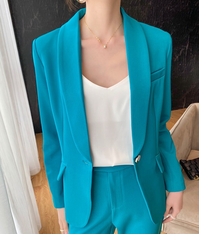 Blue Green Modern Pantsuit, Designer Woman Korean Style Soft Monotone Suit Jacket + Pants for Smart Causl/ Formal/ Gift for Her