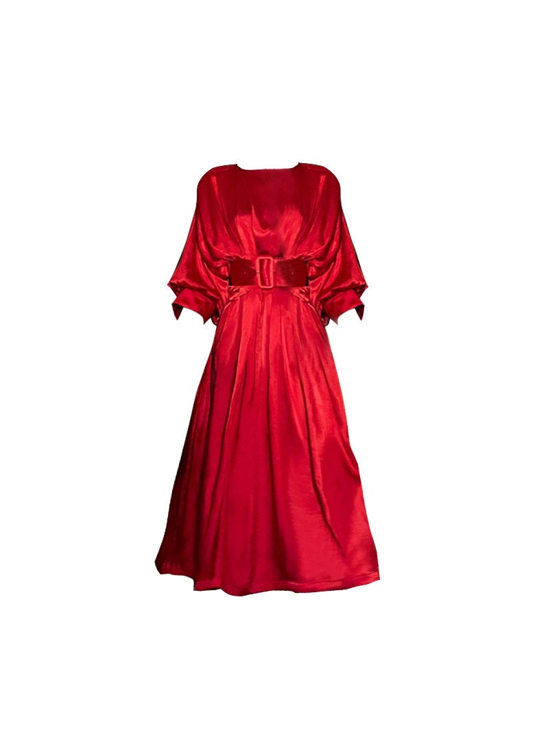 Burning Red Deluxe One Piece Pleated Dress, Designer Woman Long Dress Smart Casual Formal Event Party Gift