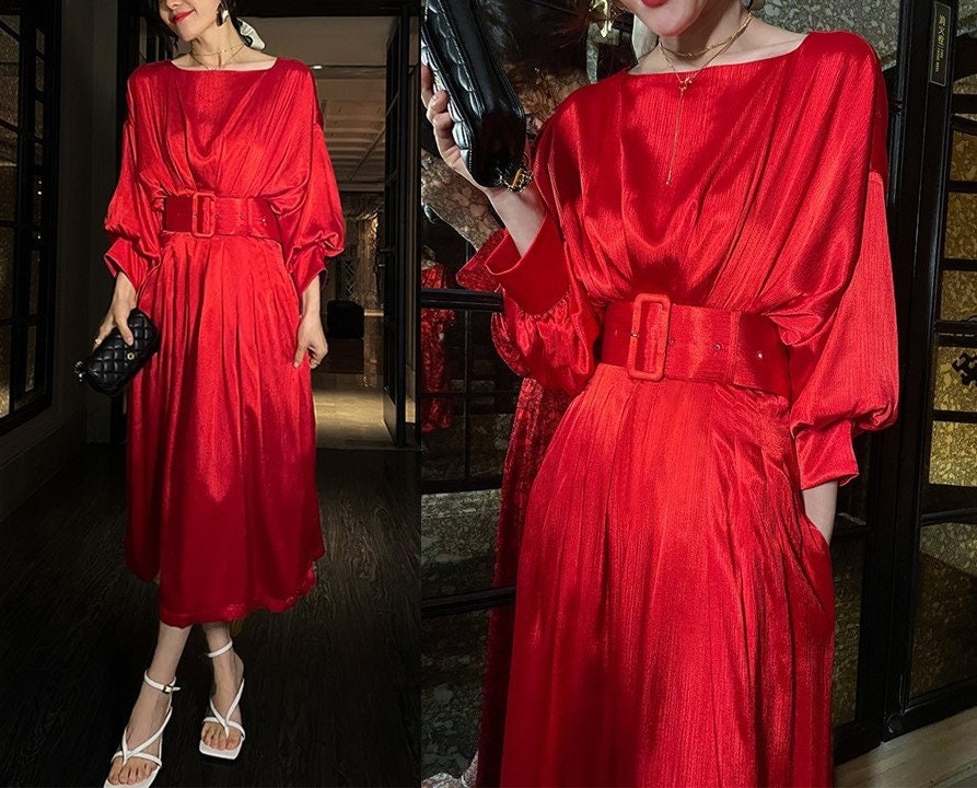 Burning Red Deluxe One Piece Pleated Dress, Designer Woman Long Dress Smart Casual Formal Event Party Gift