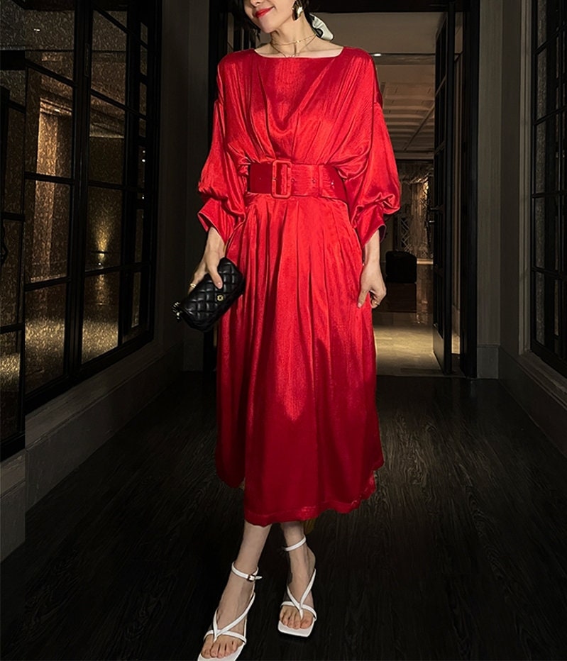 Burning Red Deluxe One Piece Pleated Dress, Designer Woman Long Dress Smart Casual Formal Event Party Gift