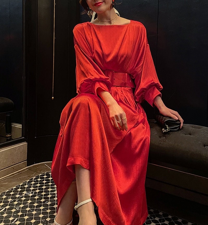 Burning Red Deluxe One Piece Pleated Dress, Designer Woman Long Dress Smart Casual Formal Event Party Gift