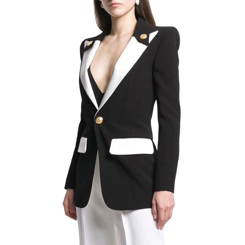 Woman Tuxedo Blazer, Designer Slim Cut Fashion Black & White Jacket Smart Casual Formal Event Party Gift for her Suit Jacket