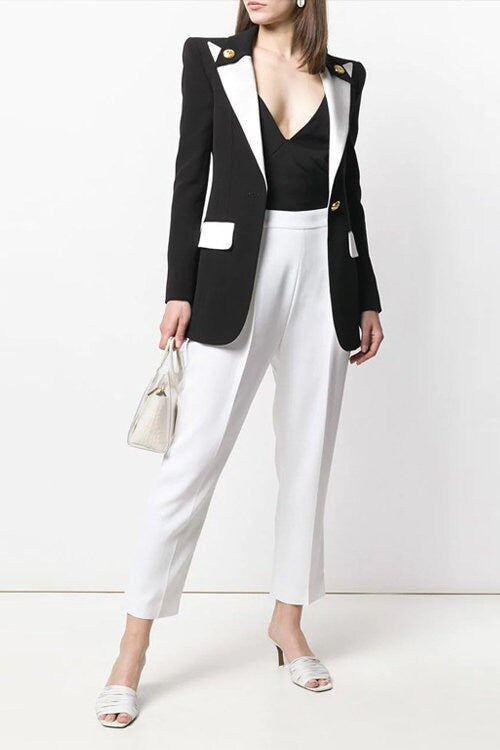 Woman Tuxedo Blazer, Designer Slim Cut Fashion Black & White Jacket Smart Casual Formal Event Party Gift for her Suit Jacket