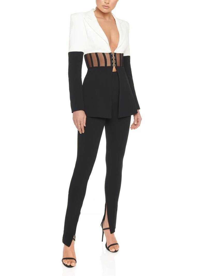 Black and White Patchwork Pantsuit, Designer Women Blazer Suit Jacket + Pants Slim Cut Transparent Waist Event Party Prom Formal For Gift