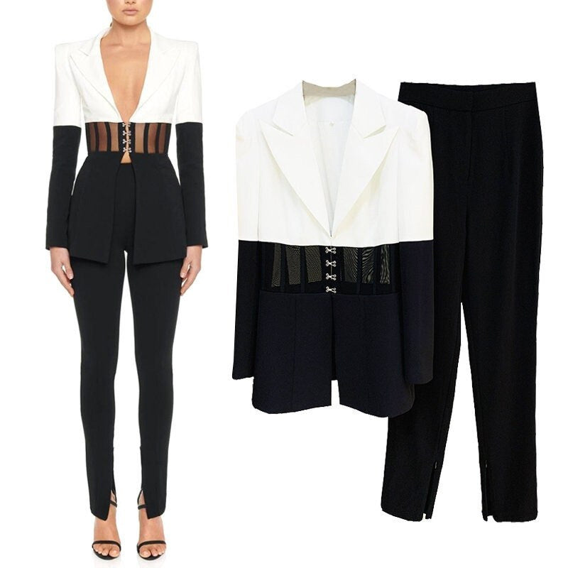 Black and White Patchwork Pantsuit, Designer Women Blazer Suit Jacket + Pants Slim Cut Transparent Waist Event Party Prom Formal For Gift